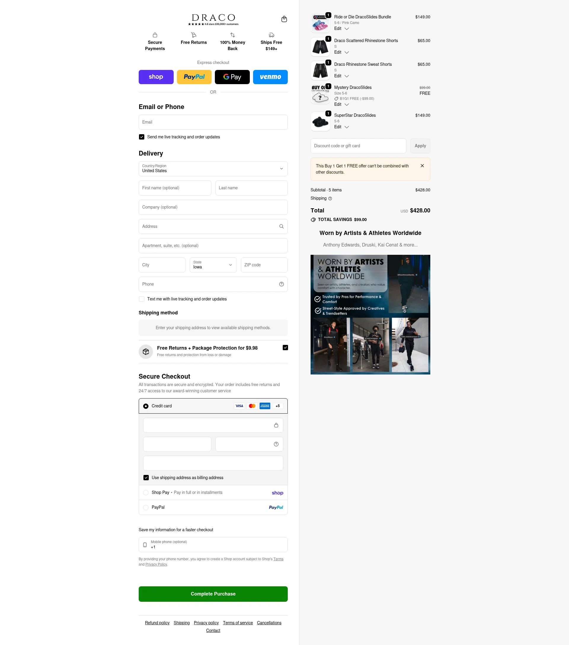 Draco Slides checkout page showing Draco Slides promo code box | Screenshot taken by SimplyCodes community member on Feb 20, 2026