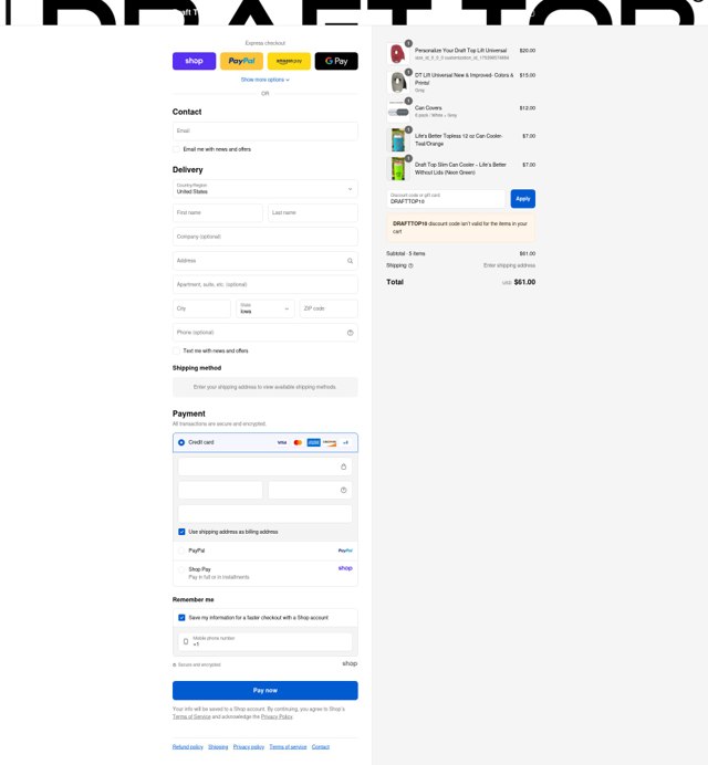 Draft Top checkout page showing Draft Top discount code box | Screenshot taken by SimplyCodes community member on Sep 2, 2025