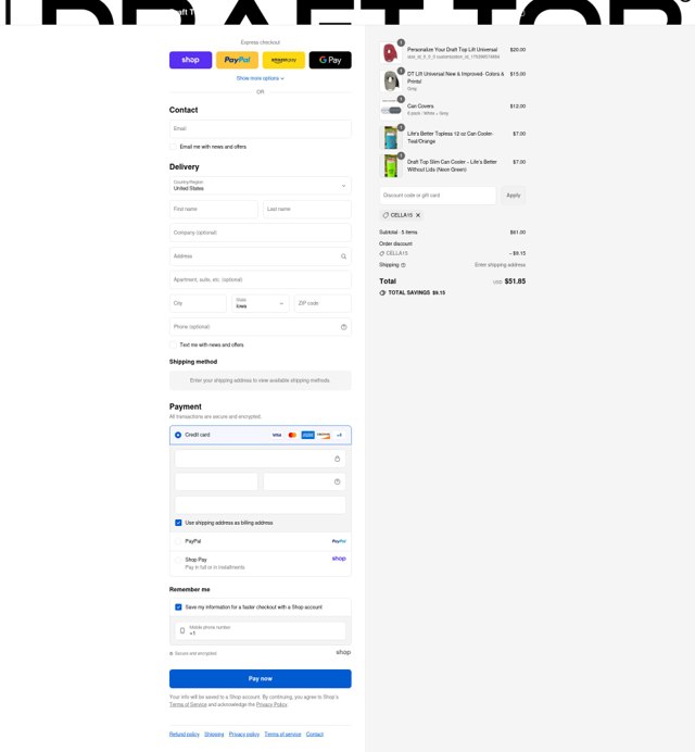 Draft Top checkout page showing Draft Top discount code box | Screenshot taken by SimplyCodes community member on Sep 6, 2025