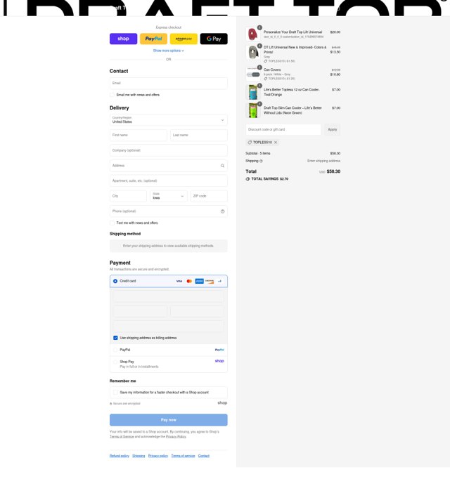Draft Top checkout page showing Draft Top discount code box | Screenshot taken by SimplyCodes community member on Sep 2, 2025