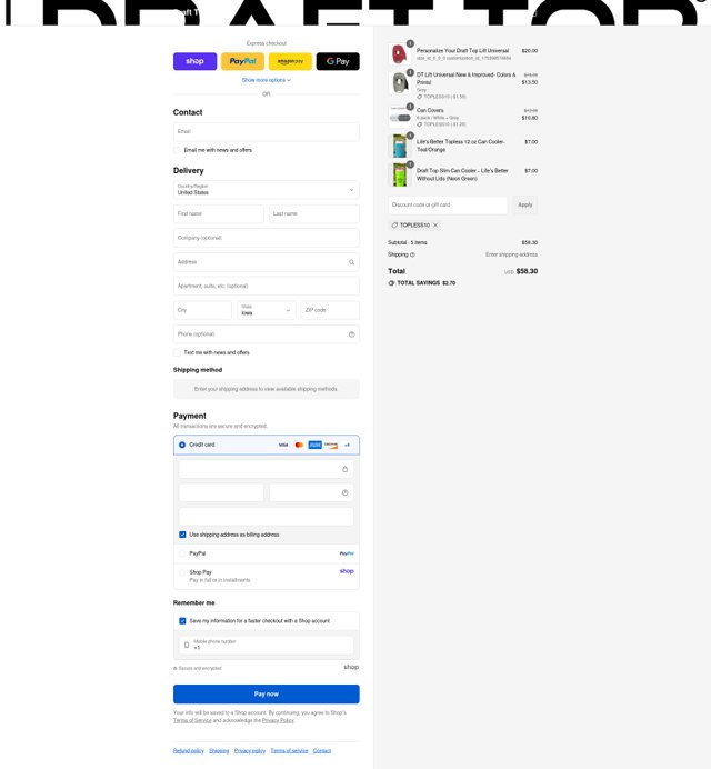 Draft Top checkout page showing Draft Top discount code box | Screenshot taken by SimplyCodes community member on Sep 6, 2025