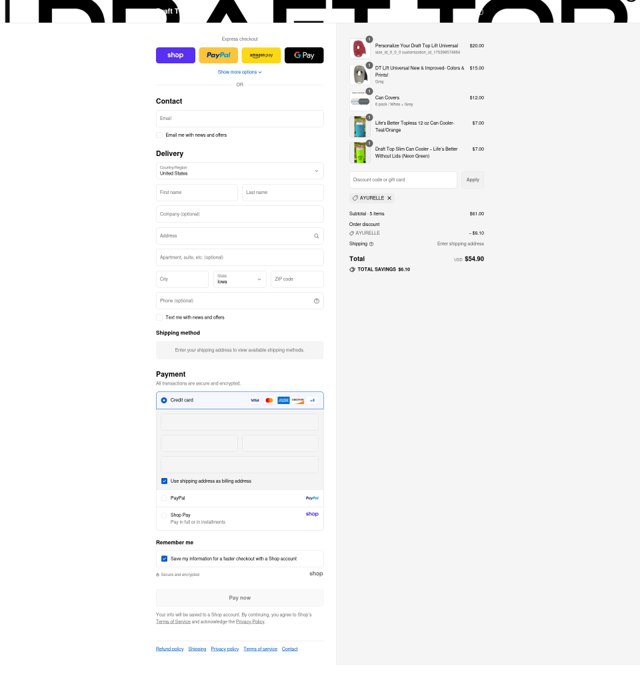 Draft Top checkout page showing Draft Top discount code box | Screenshot taken by SimplyCodes community member on Sep 6, 2025