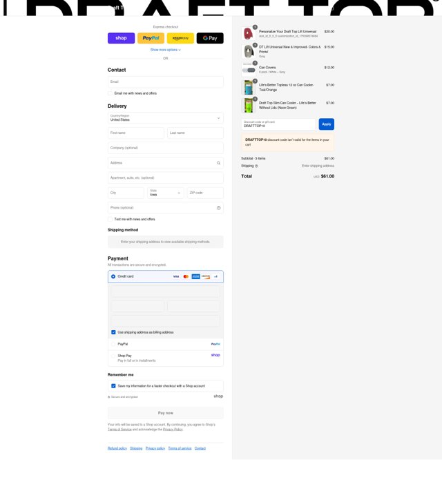 Draft Top checkout page showing Draft Top discount code box | Screenshot taken by SimplyCodes community member on Sep 6, 2025