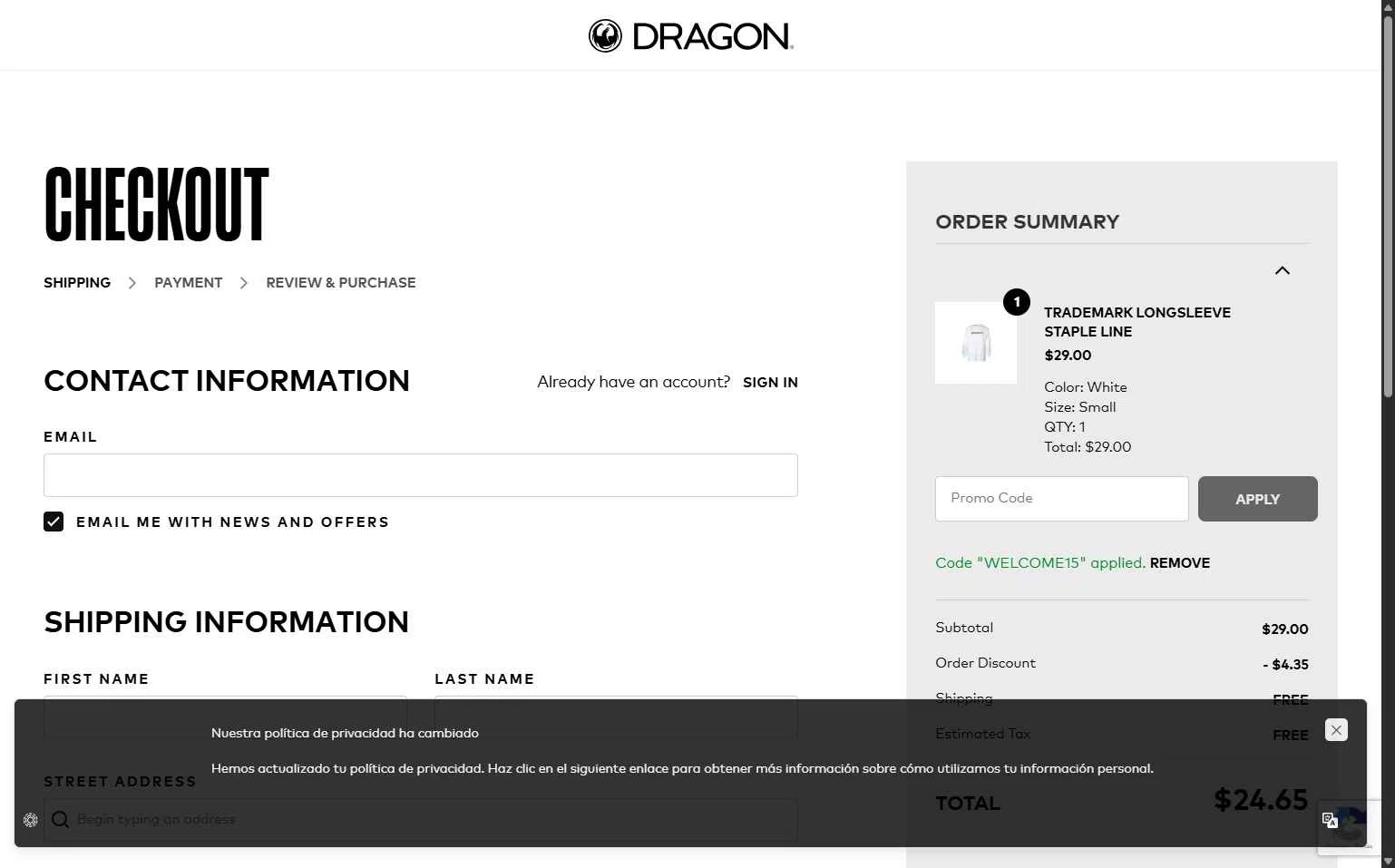 Dragon Alliance checkout page showing Dragon Alliance promo code box | Screenshot taken by SimplyCodes community member on Feb 10, 2026