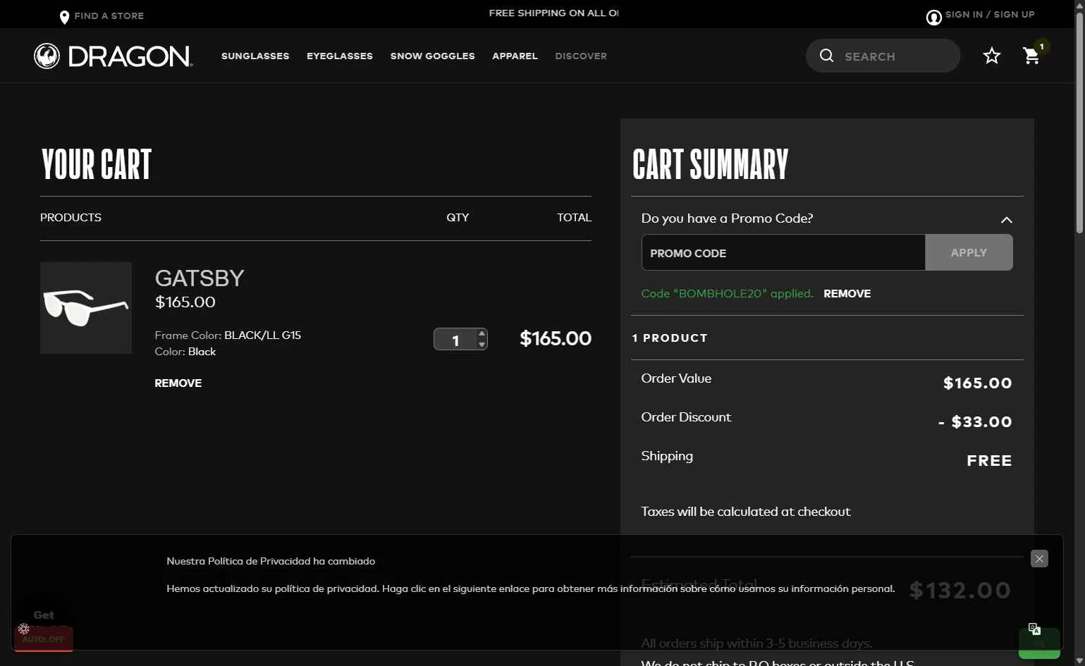 Dragon Alliance checkout page showing Dragon Alliance promo code box | Screenshot taken by SimplyCodes community member on Nov 13, 2025