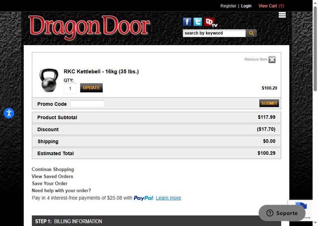 Dragon Door checkout page showing Dragon Door promo code box | Screenshot taken by SimplyCodes community member on Aug 6, 2025