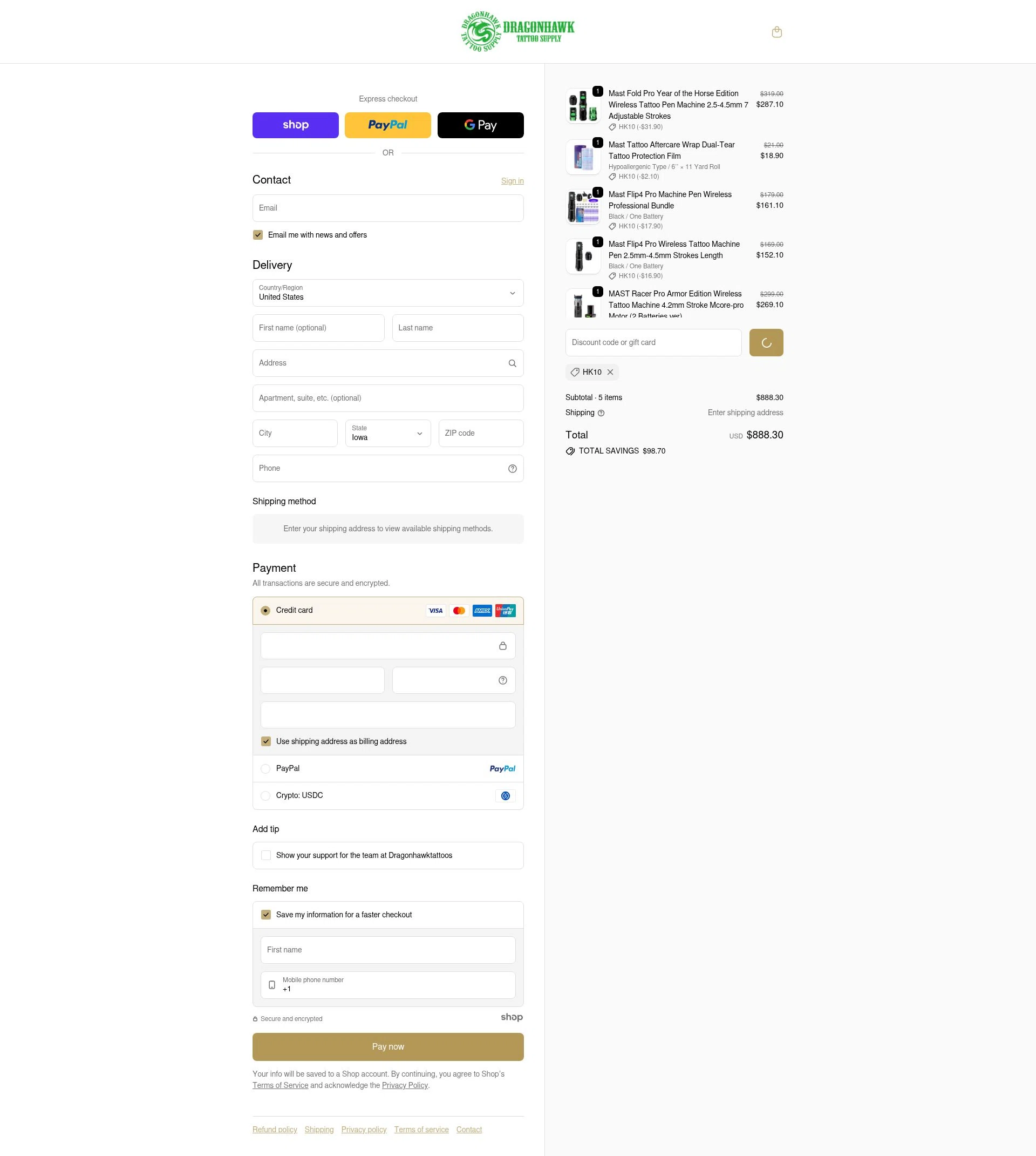 Dragonhawktattoos checkout page showing Dragonhawktattoos promo code box | Screenshot taken by SimplyCodes community member on Dec 31, 2025