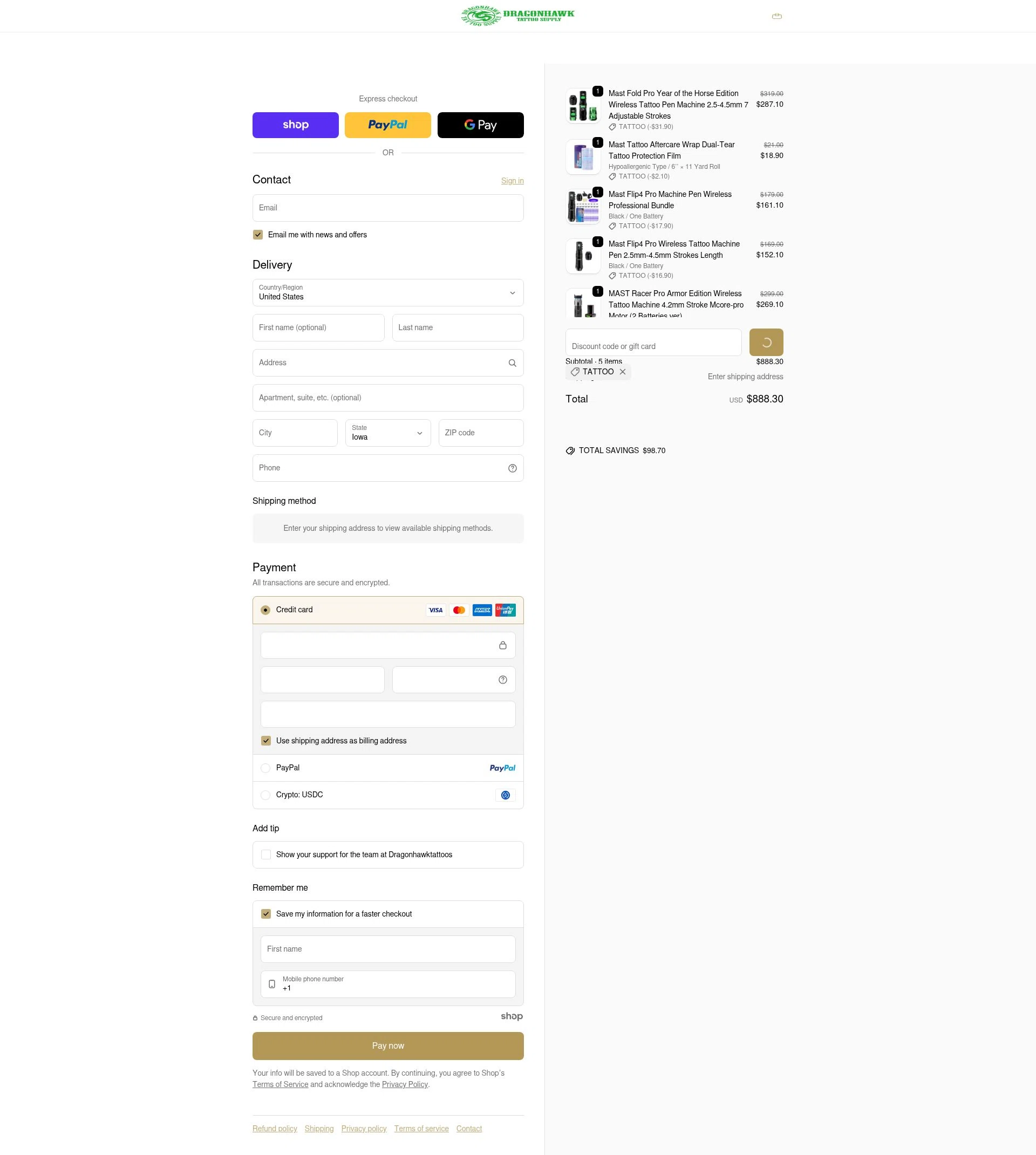 Dragonhawktattoos checkout page showing Dragonhawktattoos promo code box | Screenshot taken by SimplyCodes community member on Dec 31, 2025