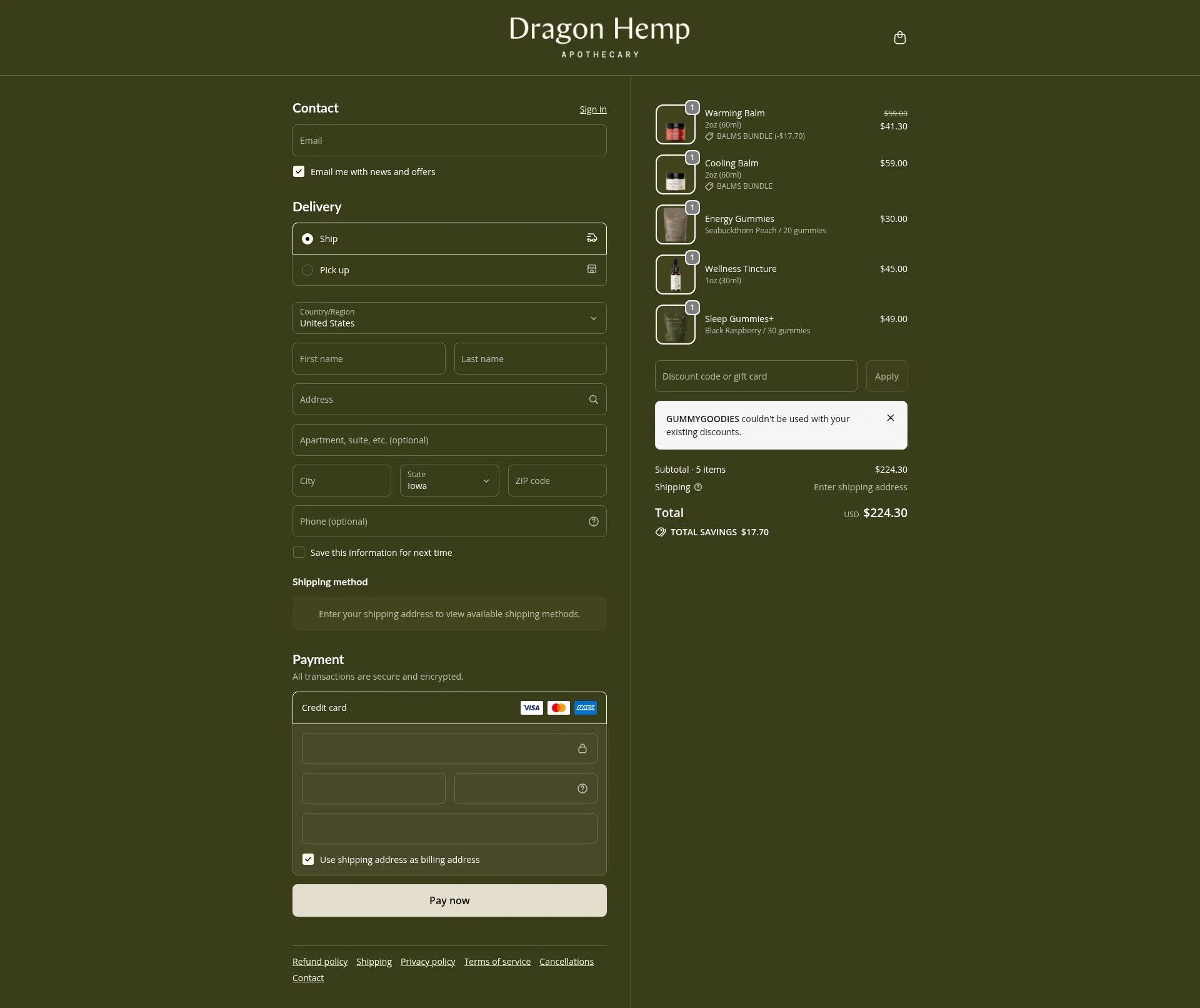Dragon Hemp checkout page showing Dragon Hemp promo code box | Screenshot taken by SimplyCodes community member on Jan 7, 2026