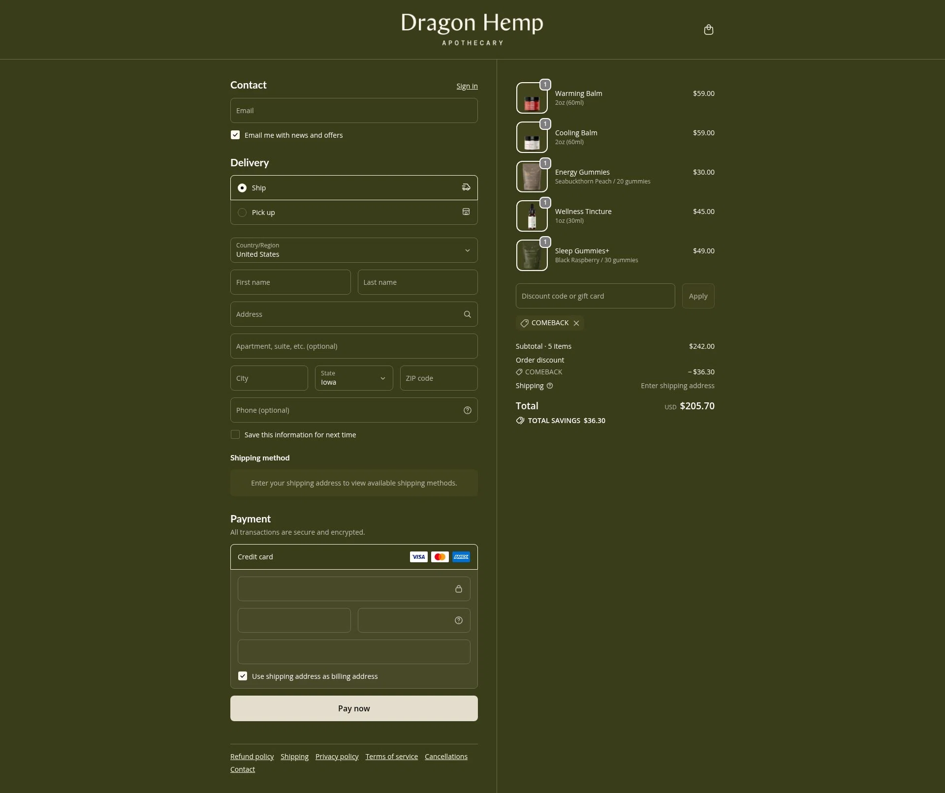 Dragon Hemp checkout page showing Dragon Hemp promo code box | Screenshot taken by SimplyCodes community member on Jan 7, 2026