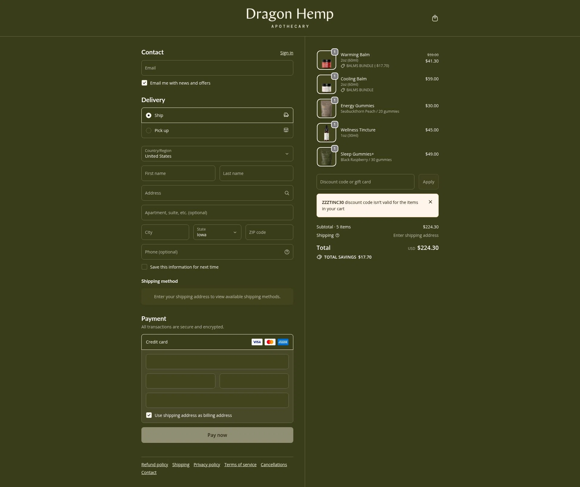Dragon Hemp checkout page showing Dragon Hemp promo code box | Screenshot taken by SimplyCodes community member on Jan 7, 2026