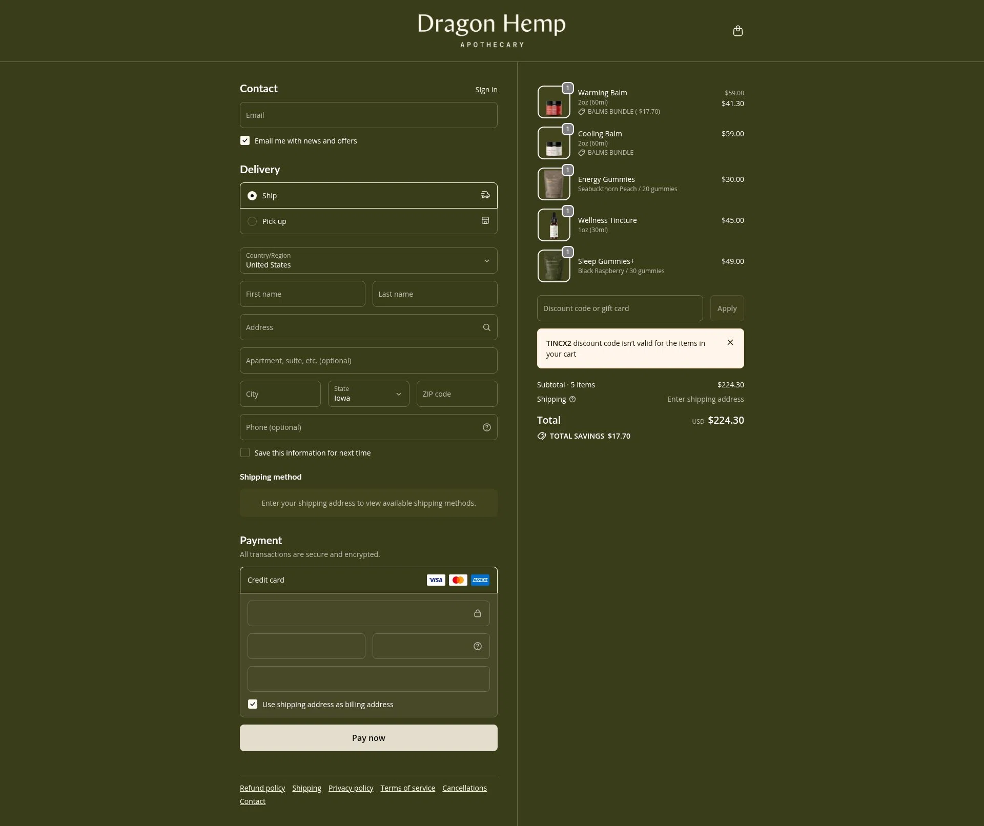 Dragon Hemp checkout page showing Dragon Hemp promo code box | Screenshot taken by SimplyCodes community member on Jan 7, 2026