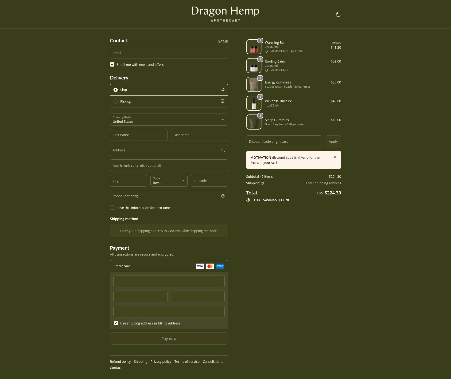 Dragon Hemp checkout page showing Dragon Hemp promo code box | Screenshot taken by SimplyCodes community member on Jan 7, 2026