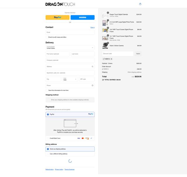Dragon Touch checkout page showing Dragon Touch coupon code box | Screenshot taken by SimplyCodes community member on Sep 16, 2025