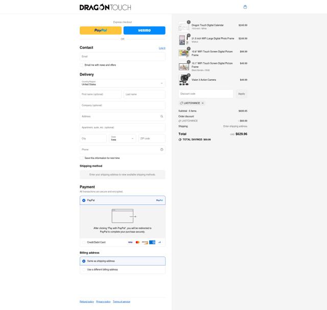 Dragon Touch checkout page showing Dragon Touch coupon code box | Screenshot taken by SimplyCodes community member on Sep 8, 2025