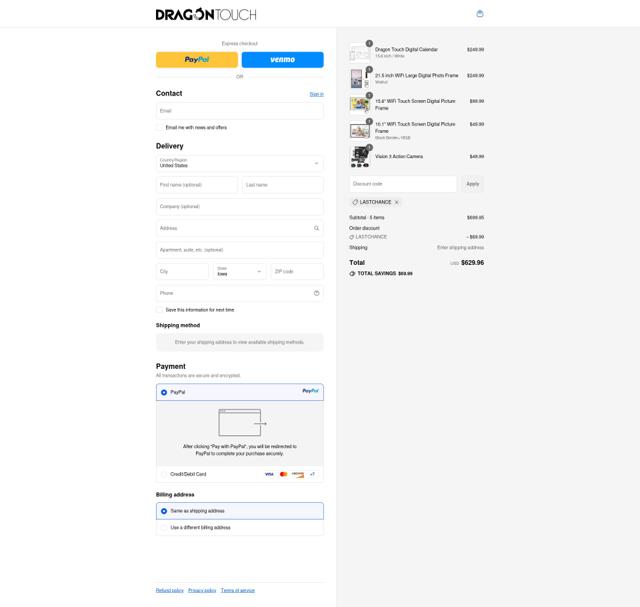 Dragon Touch checkout page showing Dragon Touch coupon code box | Screenshot taken by SimplyCodes community member on Sep 12, 2025