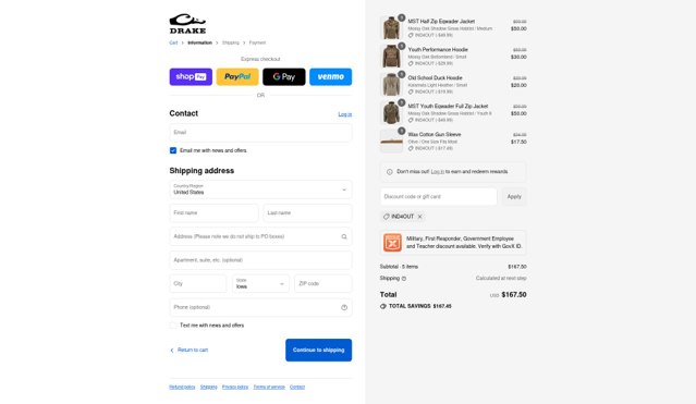 Drake Waterfowl checkout page showing Drake Waterfowl promo code box | Screenshot taken by SimplyCodes community member on Aug 22, 2025