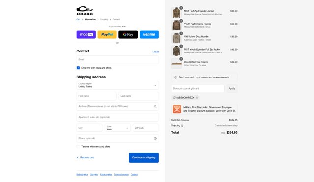 Drake Waterfowl checkout page showing Drake Waterfowl promo code box | Screenshot taken by SimplyCodes community member on Aug 22, 2025