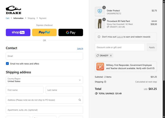 Drake Waterfowl checkout page showing Drake Waterfowl promo code box | Screenshot taken by SimplyCodes community member on Aug 28, 2025
