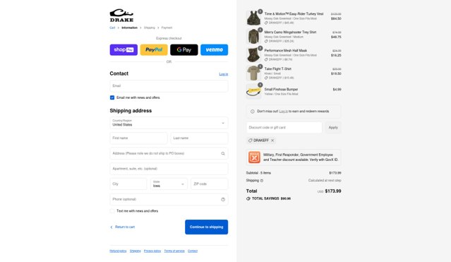 Drake Waterfowl checkout page showing Drake Waterfowl promo code box | Screenshot taken by SimplyCodes community member on Aug 27, 2025