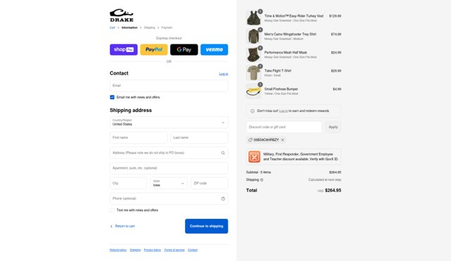 Drake Waterfowl checkout page showing Drake Waterfowl promo code box | Screenshot taken by SimplyCodes community member on Aug 27, 2025