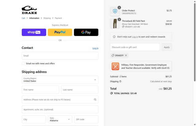 Drake Waterfowl checkout page showing Drake Waterfowl promo code box | Screenshot taken by SimplyCodes community member on Aug 24, 2025