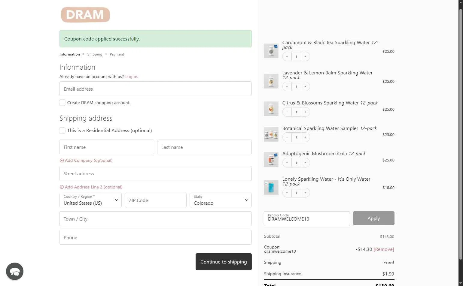 Dram Apothecary checkout page showing Dram Apothecary promo code box | Screenshot taken by SimplyCodes community member on Nov 16, 2025