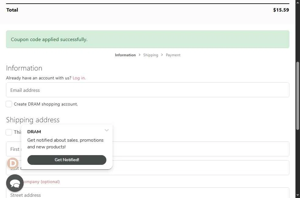 Dram Apothecary checkout page showing Dram Apothecary promo code box | Screenshot taken by SimplyCodes community member on Oct 27, 2025