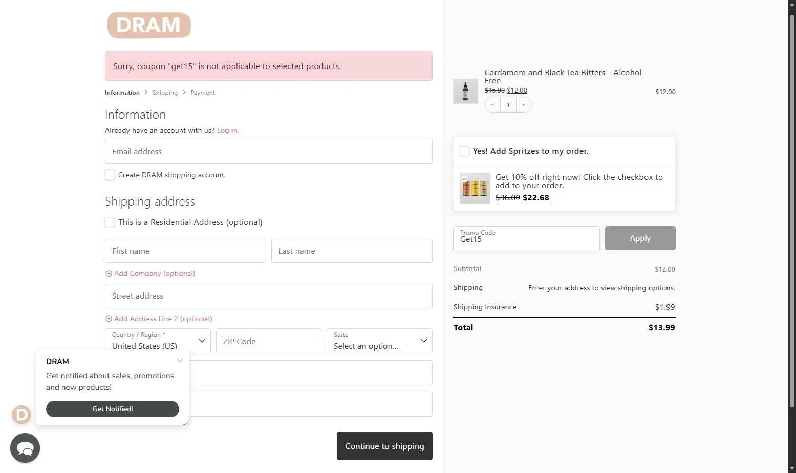 Dram Apothecary checkout page showing Dram Apothecary promo code box | Screenshot taken by SimplyCodes community member on Nov 25, 2025