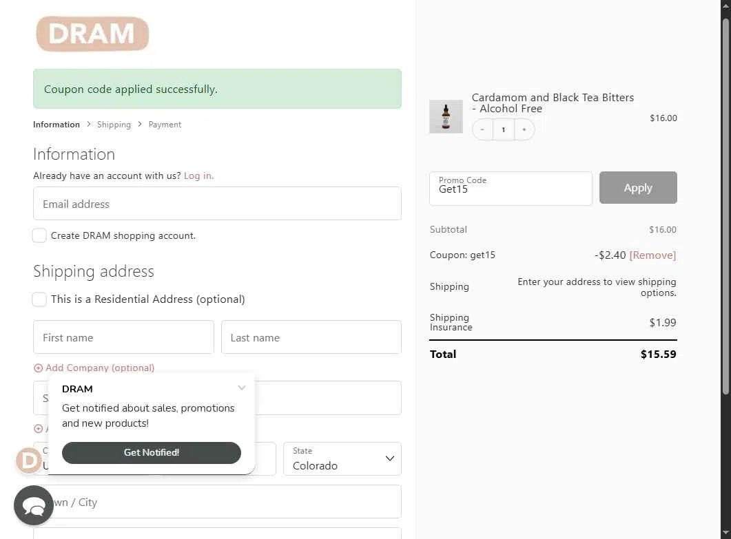 Dram Apothecary checkout page showing Dram Apothecary promo code box | Screenshot taken by SimplyCodes community member on Dec 24, 2025