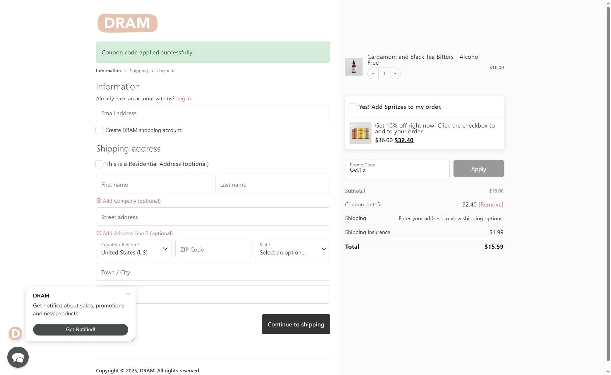 Dram Apothecary checkout page showing Dram Apothecary promo code box | Screenshot taken by SimplyCodes community member on Sep 28, 2025