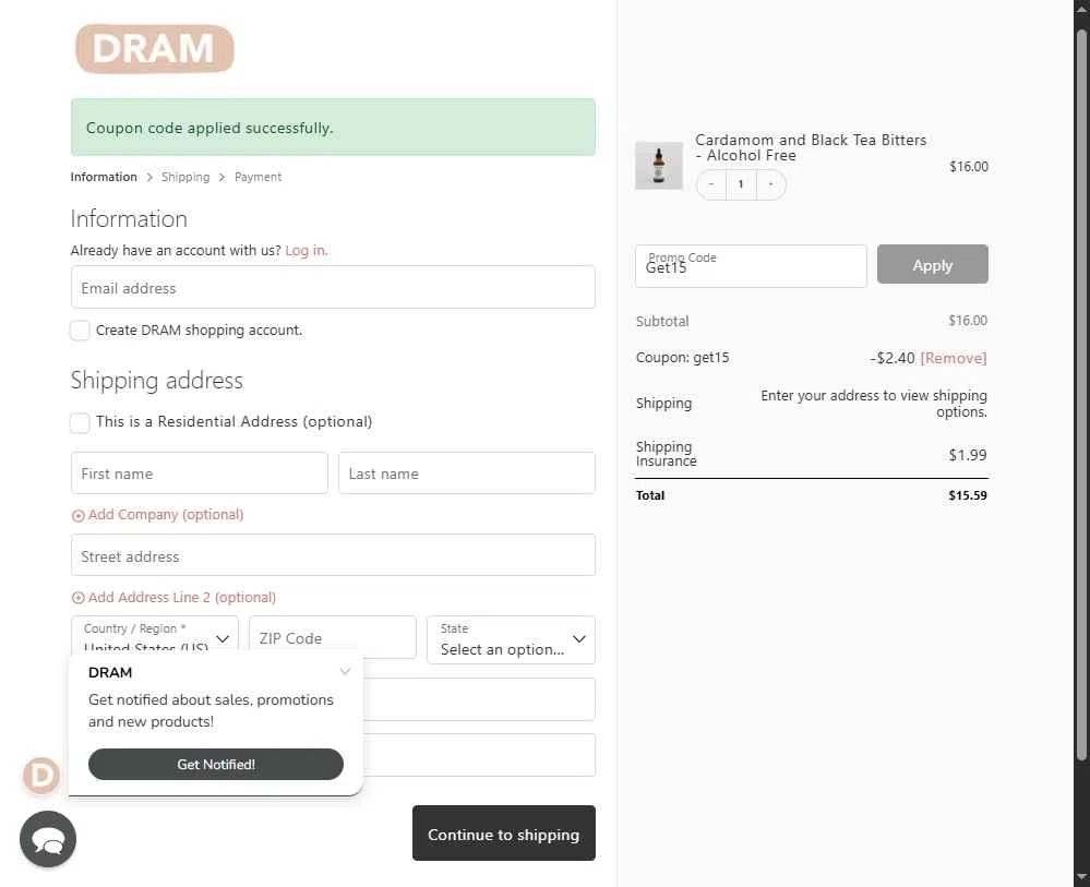 Dram Apothecary checkout page showing Dram Apothecary promo code box | Screenshot taken by SimplyCodes community member on Jan 22, 2026
