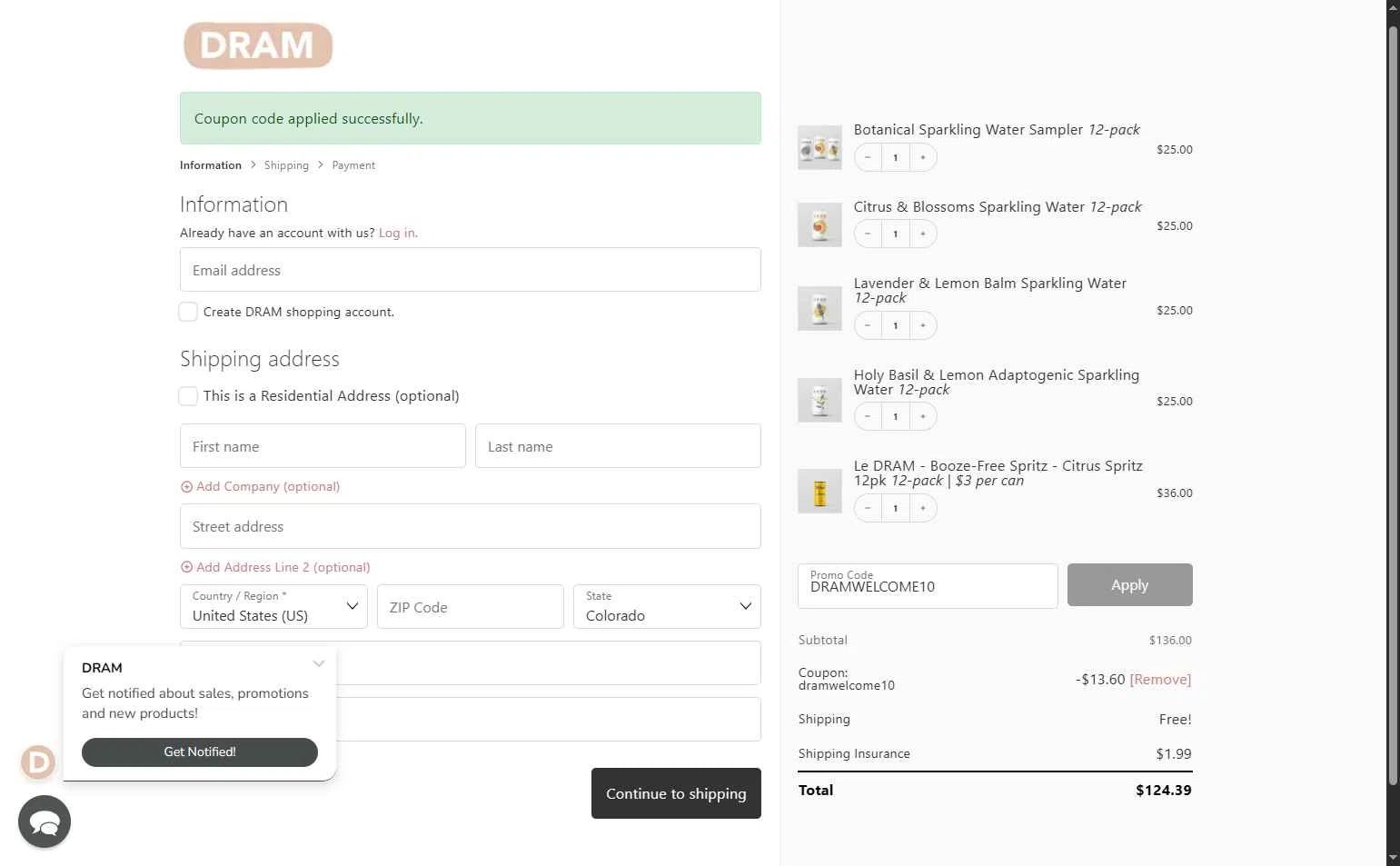 Dram Apothecary checkout page showing Dram Apothecary promo code box | Screenshot taken by SimplyCodes community member on Oct 28, 2025