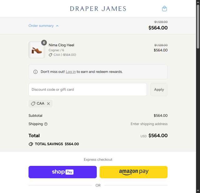Draper James checkout page showing Draper James discount code box | Screenshot taken by SimplyCodes community member on Aug 24, 2025