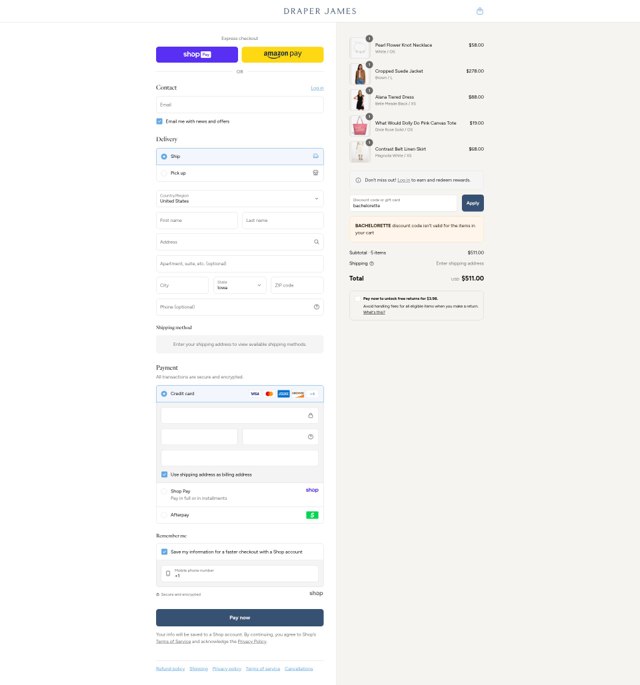 Draper James checkout page showing Draper James discount code box | Screenshot taken by SimplyCodes community member on Aug 24, 2025