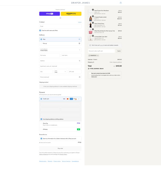 Draper James checkout page showing Draper James discount code box | Screenshot taken by SimplyCodes community member on Aug 19, 2025