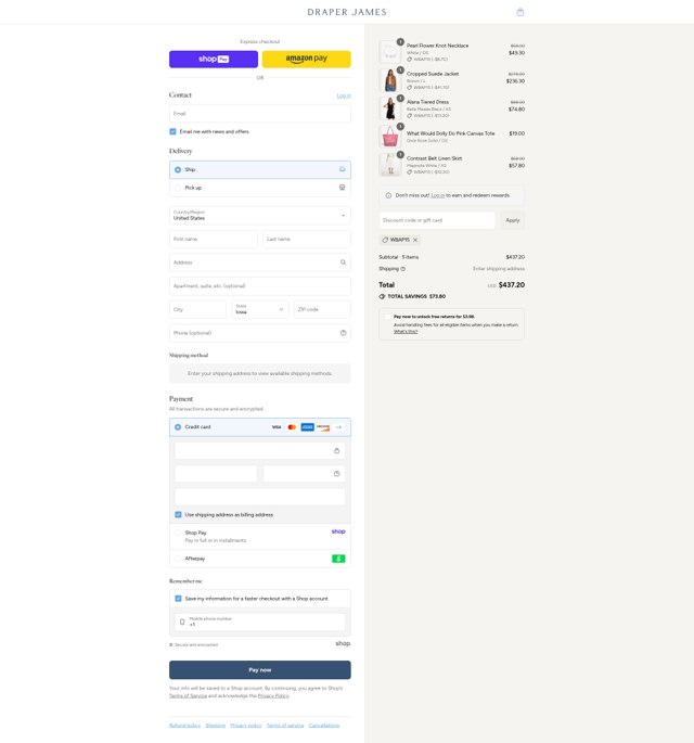 Draper James checkout page showing Draper James discount code box | Screenshot taken by SimplyCodes community member on Aug 20, 2025
