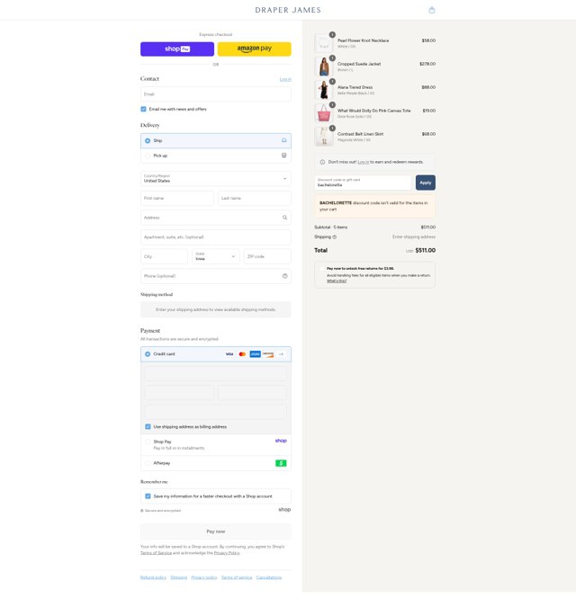 Draper James checkout page showing Draper James discount code box | Screenshot taken by SimplyCodes community member on Aug 19, 2025