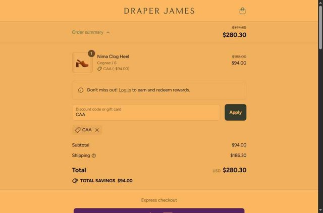 Draper James checkout page showing Draper James discount code box | Screenshot taken by SimplyCodes community member on Aug 24, 2025