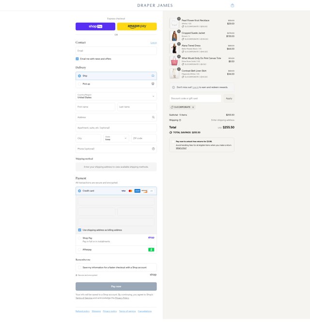 Draper James checkout page showing Draper James discount code box | Screenshot taken by SimplyCodes community member on Aug 24, 2025
