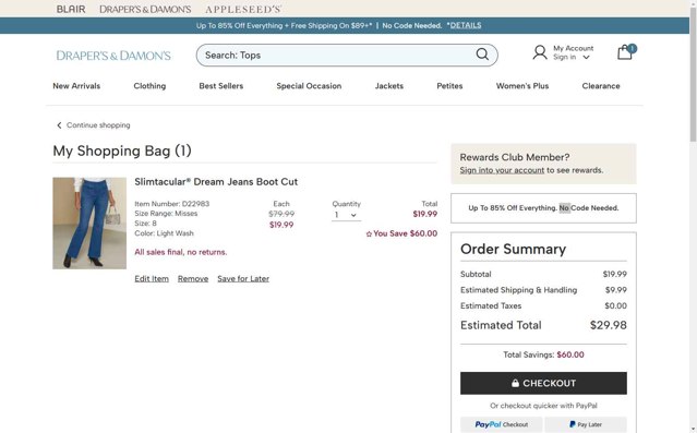 Draper's & Damon's checkout page showing Draper's & Damon's promo code box | Screenshot taken by SimplyCodes community member on May 30, 2025