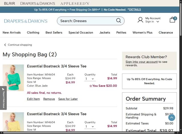 Draper's & Damon's checkout page showing Draper's & Damon's promo code box | Screenshot taken by SimplyCodes community member on Jun 2, 2025