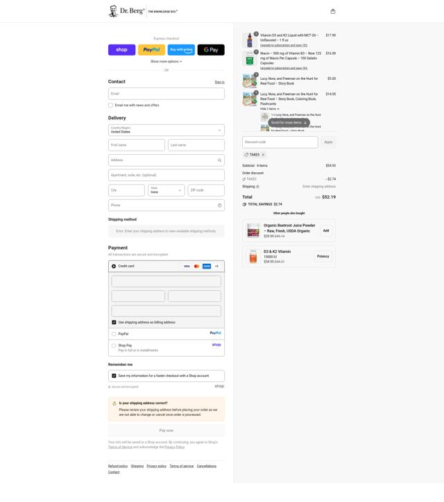 Dr. Berg checkout page showing Dr. Berg coupon code box | Screenshot taken by SimplyCodes community member on Sep 12, 2025
