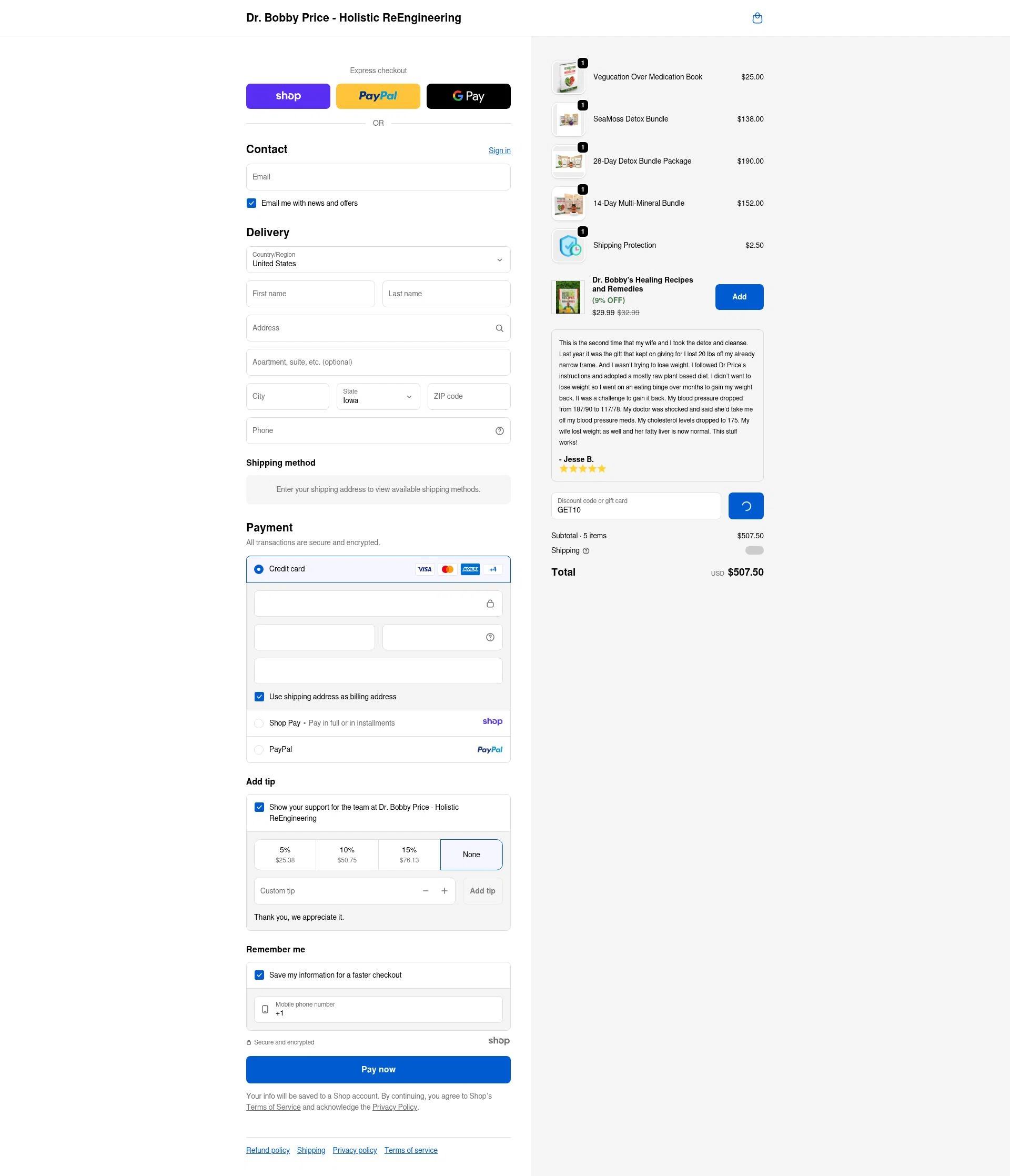 Dr. Bobby Price checkout page showing Dr. Bobby Price discount code box | Screenshot taken by SimplyCodes community member on Jan 10, 2026