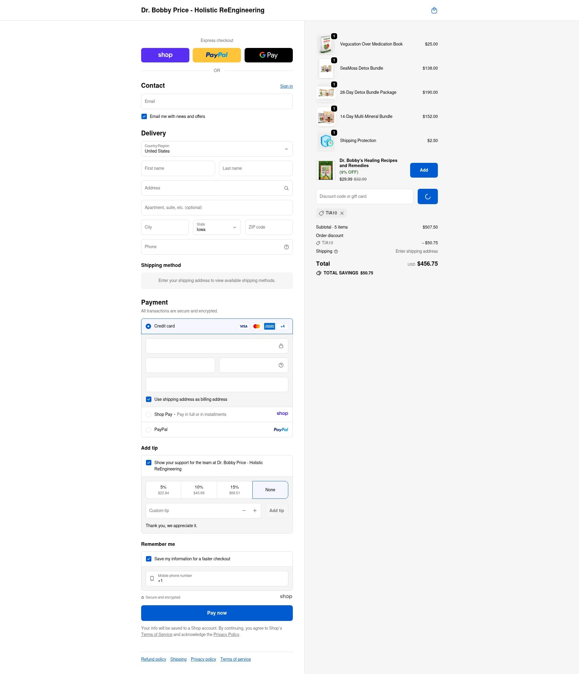 Dr. Bobby Price checkout page showing Dr. Bobby Price discount code box | Screenshot taken by SimplyCodes community member on Jan 10, 2026