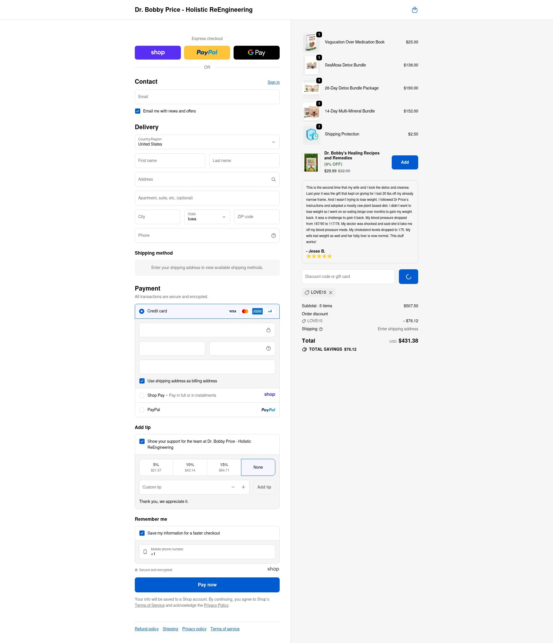 Dr. Bobby Price checkout page showing Dr. Bobby Price discount code box | Screenshot taken by SimplyCodes community member on Jan 10, 2026
