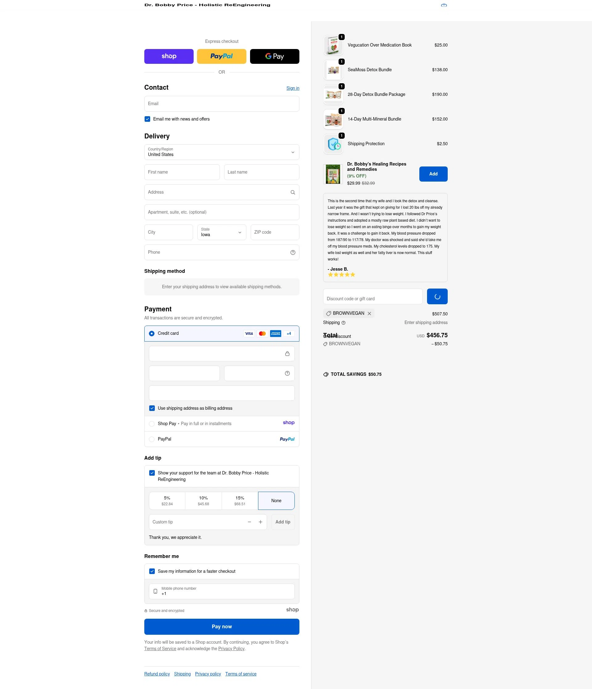 Dr. Bobby Price checkout page showing Dr. Bobby Price discount code box | Screenshot taken by SimplyCodes community member on Jan 10, 2026