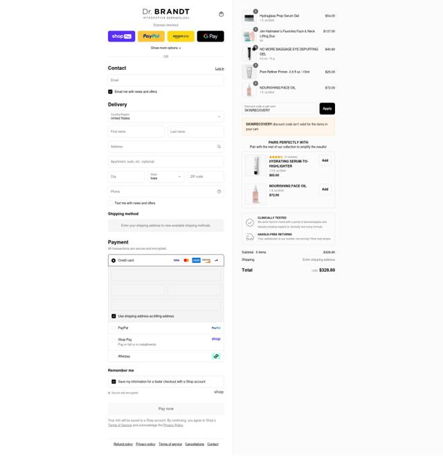 Dr. Brandt Skincare checkout page showing Dr. Brandt Skincare promo code box | Screenshot taken by SimplyCodes community member on Aug 27, 2025