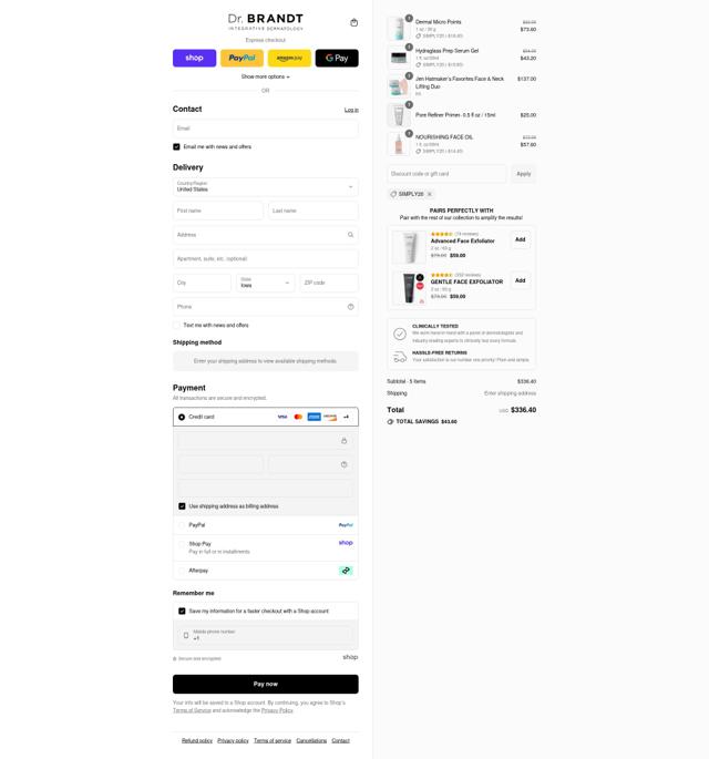 Dr. Brandt Skincare checkout page showing Dr. Brandt Skincare promo code box | Screenshot taken by SimplyCodes community member on Sep 8, 2025
