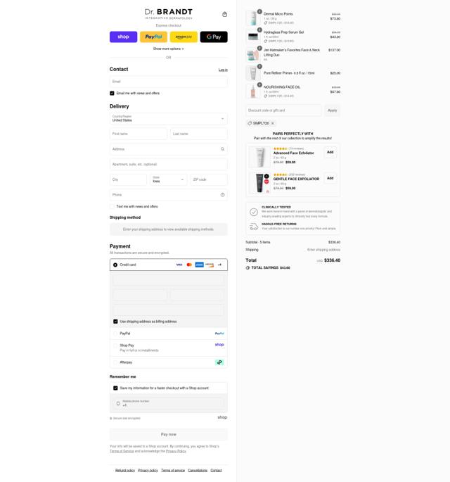 Dr. Brandt Skincare checkout page showing Dr. Brandt Skincare promo code box | Screenshot taken by SimplyCodes community member on Sep 4, 2025
